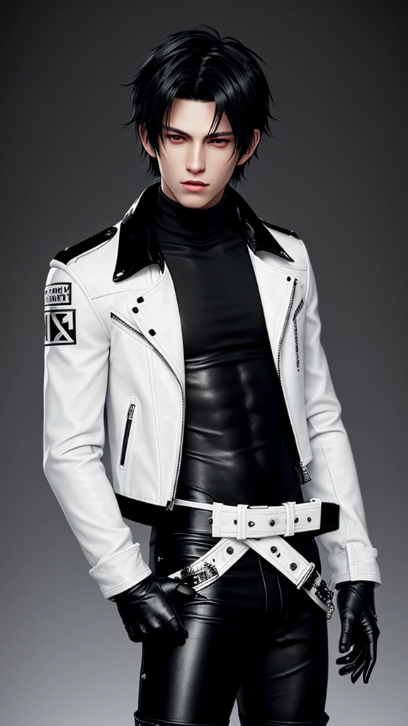 Final fantasy taste and reality graphics, Japanese young cute and cool ikemen boy, his age is early 20s, thin eyebrows and beady eyes, he wearing off white color leather thick singlebrest biker jacket, with epaulet, must close the front of the leather jacket, jacket is biker style, , jacket collar is high length stand-up collar with belts, jacket is a little black line pattern,close the front of the jacket, also wearing black thick turtleneck lackluster shirts, tight black leather pants, shiny black leather tight and thin glove, black leather knee-high raceup boots,must views head-to-toe,must views whole body, boy looks like fashion model,Do not show skin from the neck down,leather jacket leather glove and leather pants have few wrinkles,boy in the room,