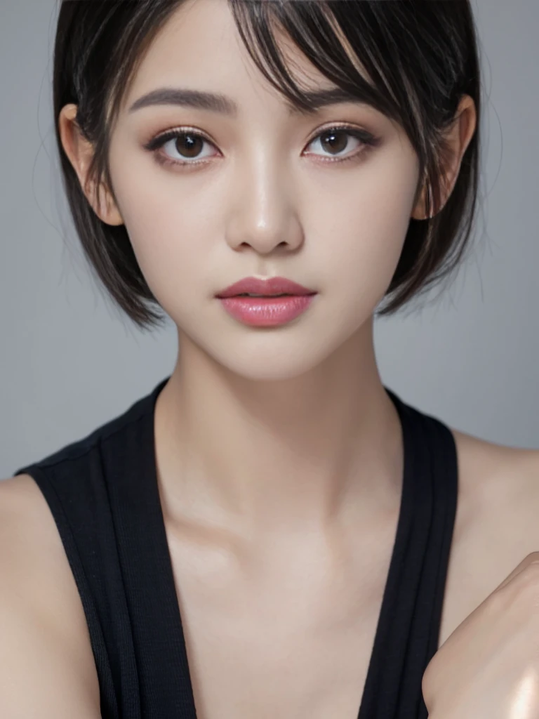Close-up of a woman wearing a white top and black hair, Image by Ni Tian, shutter, realism, short hair, Beautiful young Korean woman, Korean actress, Dilraba Dilmurat, Fashion model's smiling face, Lee Ji-eun, Lee Ji-eun, Young and beautiful Korean woman, Popular Korean makeup, Young and cute Korean face,Simple background