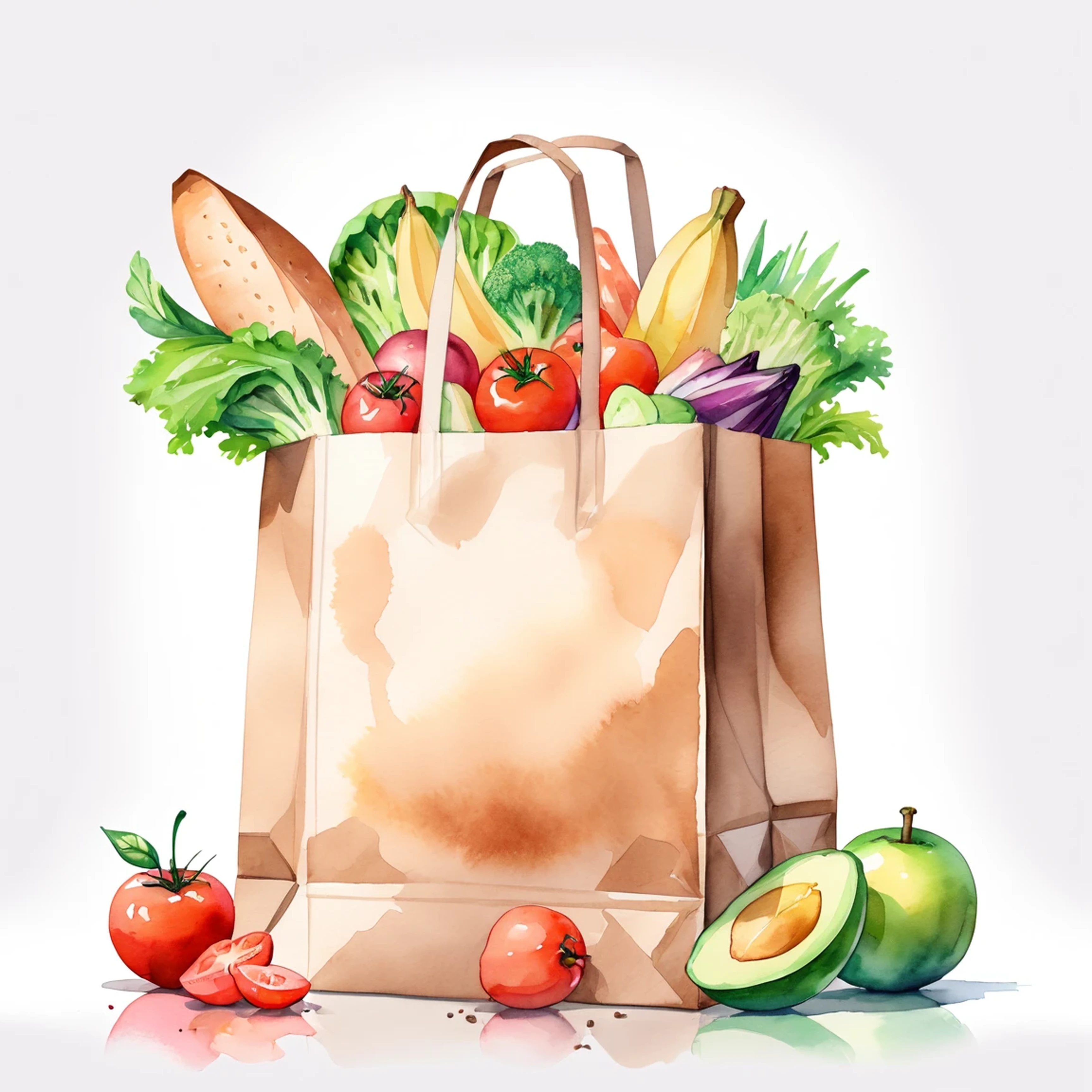 ((best quality)), ((masterpiece)), (detailed), loose watercolor, minimalist, create a picture of a cartoon grocery paper bag full of a lot healthy food, against plain brilliant white background, isolated, fresh, tasty, delicious, vibrant color. the grocery paper bag is sitting on a white brilliant surface, detailed