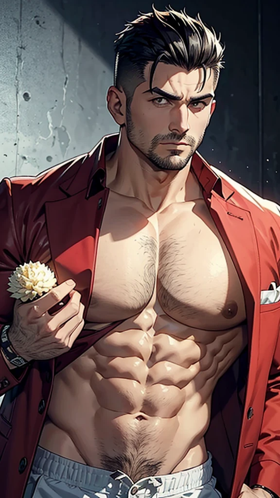 35-year-old mafia man, moreno, Spiky style haircut, with large, wide pectorals and arms, no six pack abs, no shirt, no hair on chest, hairless.