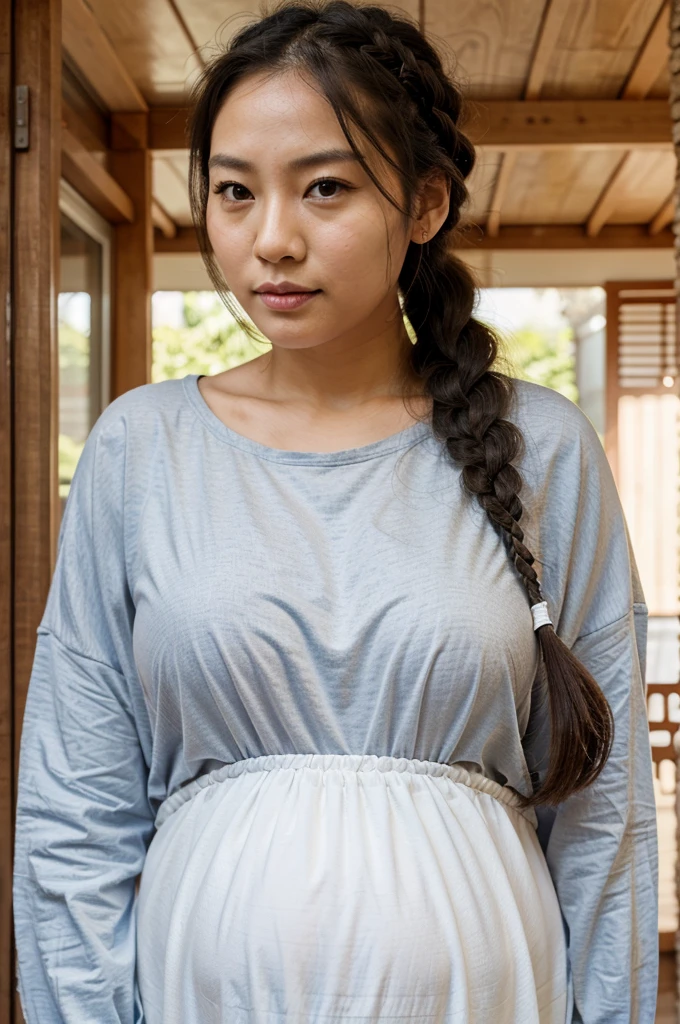 pregnant woman with big , asian face, braided hair