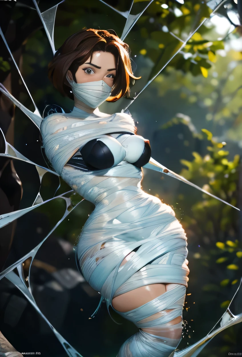 Very detailed 8K wallpaper, very realistic, stature, masterpiece, very detailed, high resolution, smooth, video game cutscenes, close-up, various angles, 1 woman, short hair,  dark bob, tan skin, dark brown hair, blue eyes, scared, wearing armor, in the forest, spider web, detailed face, focus on face, spider web, bound, tied up, ((  (arms bound behind back))), ((gagged)), silk, gagged, thick gagged, heavy gagged, cocoon, cocooned, totally wrapped up in spider webs, completely cocooned, helpless  , twisted and struggling, afraid, suppressed, eyes covered, (spider), 1 small spiders grab her, spider clings tightly to her and wrap her up, intricate, detailed, dramatic, cobweb, looking  will be raped