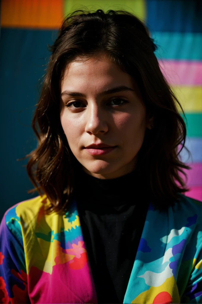 Psychedelic Color slide projected over a [27 yo American woman], [dark Jungian psychological imagery], [key lighting], [f1.8 50mm lens medium format camera], in the style of [Vogue],[post-processing: .25 unsharp mask, S curve, dodge and burn, mid-level contrast, dark edge vignette]