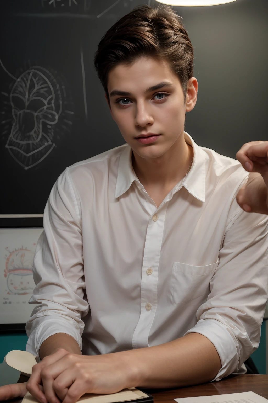 A beautiful young male twink, cute, with black hair and a face with make-up, wearing a long-sleeved white shirt and aqua blue pants, and he is in his office, and behind him is a blackboard on which is written the shape of the brain and its anatomy, and nuclear energy comes out of it, and he has a face with make-up and his eyes.  Underneath are dark circles while he is sitting, and he appears innocent, with a beautiful face with make-up on, while he is sitting at a luxurious desk with books, and neon energy comes out of it, and he has a face with make-up on, and his cheeks are red .