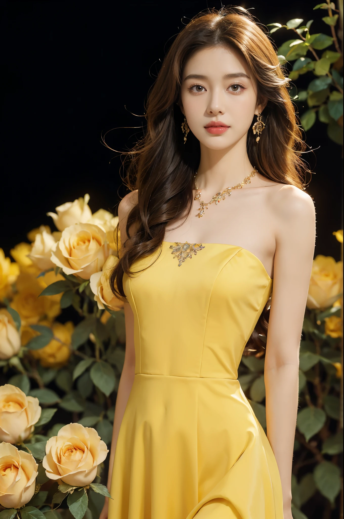 (((best quality))),(((ultra detailed))),(((masterpiece))),illustration, a stunning young girl amidst a sea of yellow roses, yellow rose petal dress,slim,thin, fair skin,shoulder length straight chestnut hair,earrings,necklace,intricate patterns, embellishments, ethereal charm, sparkling eyes, gentle smile,flat chest,small breasts, innocence and grace, yellow roses background, full bloom, fragrance of roses, enchanting presence,admiration, beauty and nature blend, striking appearance, vibrant yellow color, harmonious equilibrium,lasting impression,((standing,arms behind back)),((upper body,from front)),night scene,slender bare legs,