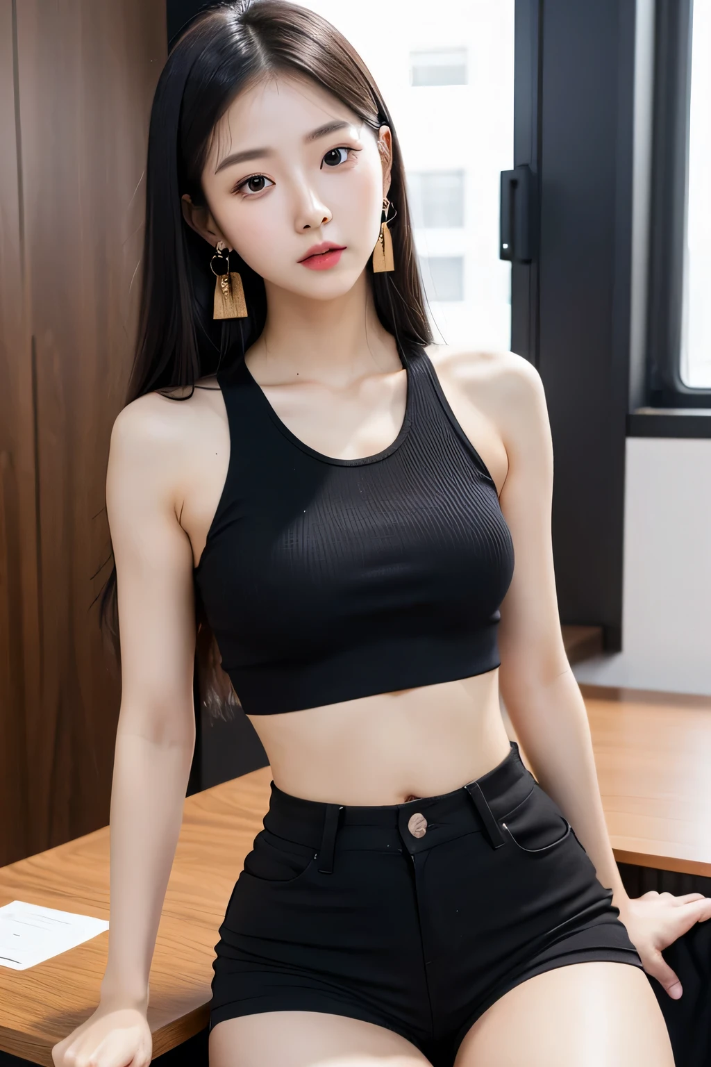 highly detailed face, 21 years old, korean girl, passionate look, long black hair, black eyes, crop top, tight black shorts, small firm breasts, earrings, light skin, sitting on table, office, cameltoe