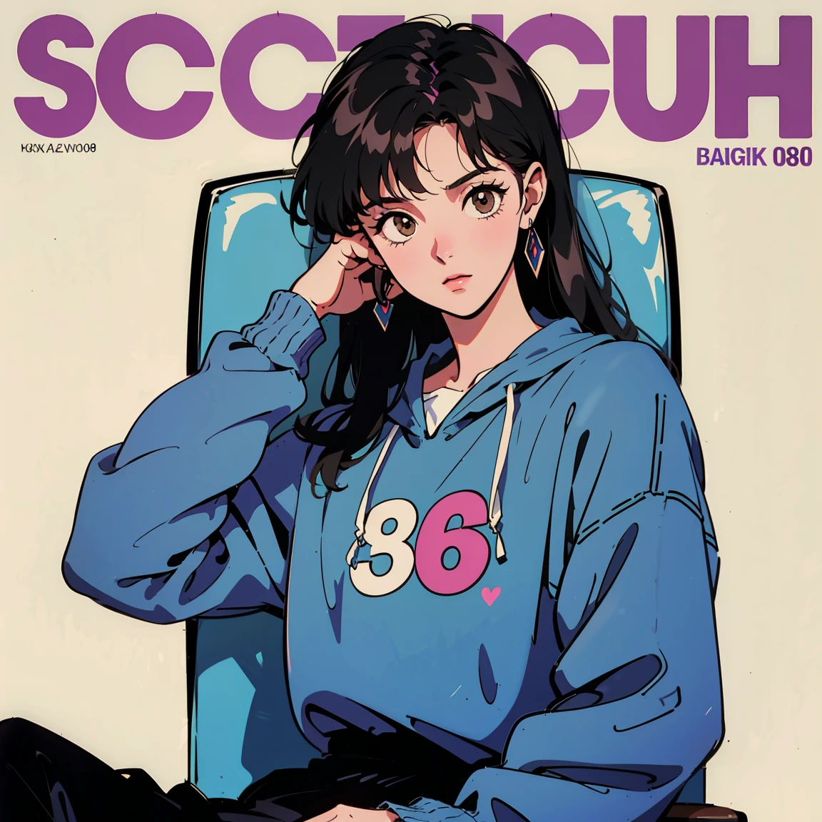 Best image quality, 1980s style animation, 21 year old girl, black hair, long hair, light brown eyes, skin as pale as snow, With a baggy sweatshirt, white background, magazine cover, whole body , sit on a chair , posing