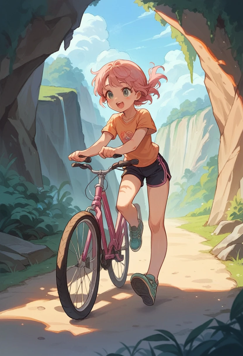 cute anime girl rides a bicycle, in running shorts, short shorts, Canyon covered with pink biological cells