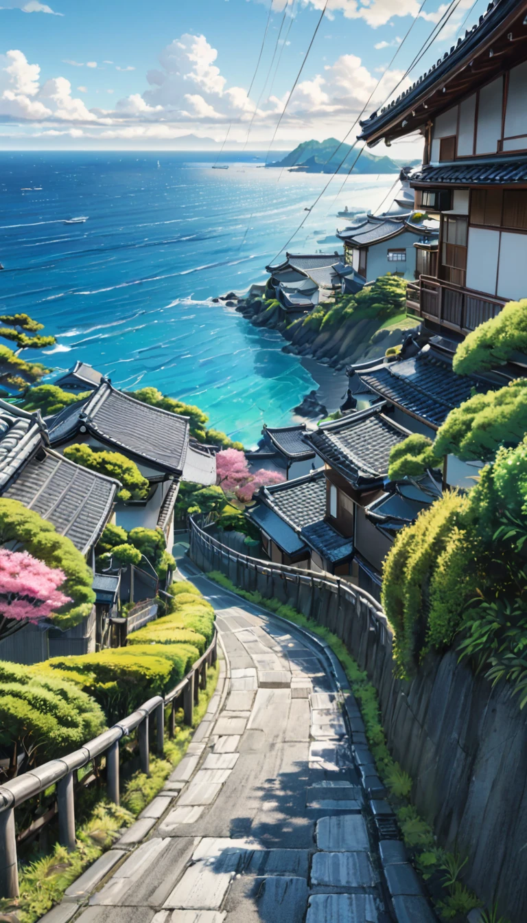 SDXL_2D_Zip, High resolution absurd images、Best quality anime aesthetic images、Image of a Japanese concrete road lined with traditional houses, A view leading to the blue sea