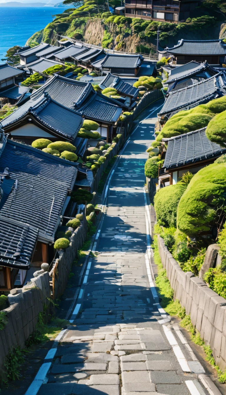 SDXL_2D_Zip, High resolution absurd images、Best quality anime aesthetic images、Image of a Japanese concrete road lined with traditional houses, A view leading to the blue sea