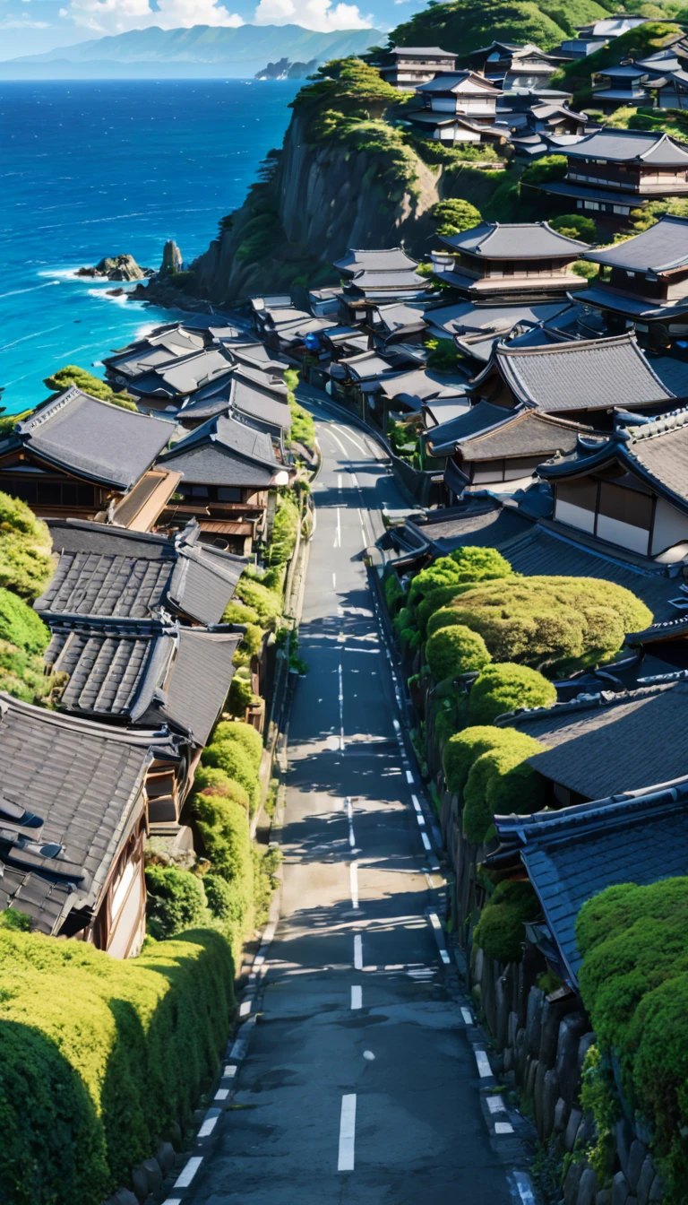 SDXL_2D_Zip, High resolution absurd images、Best quality anime aesthetic images、Image of a Japanese concrete road lined with traditional houses, A view leading to the blue sea