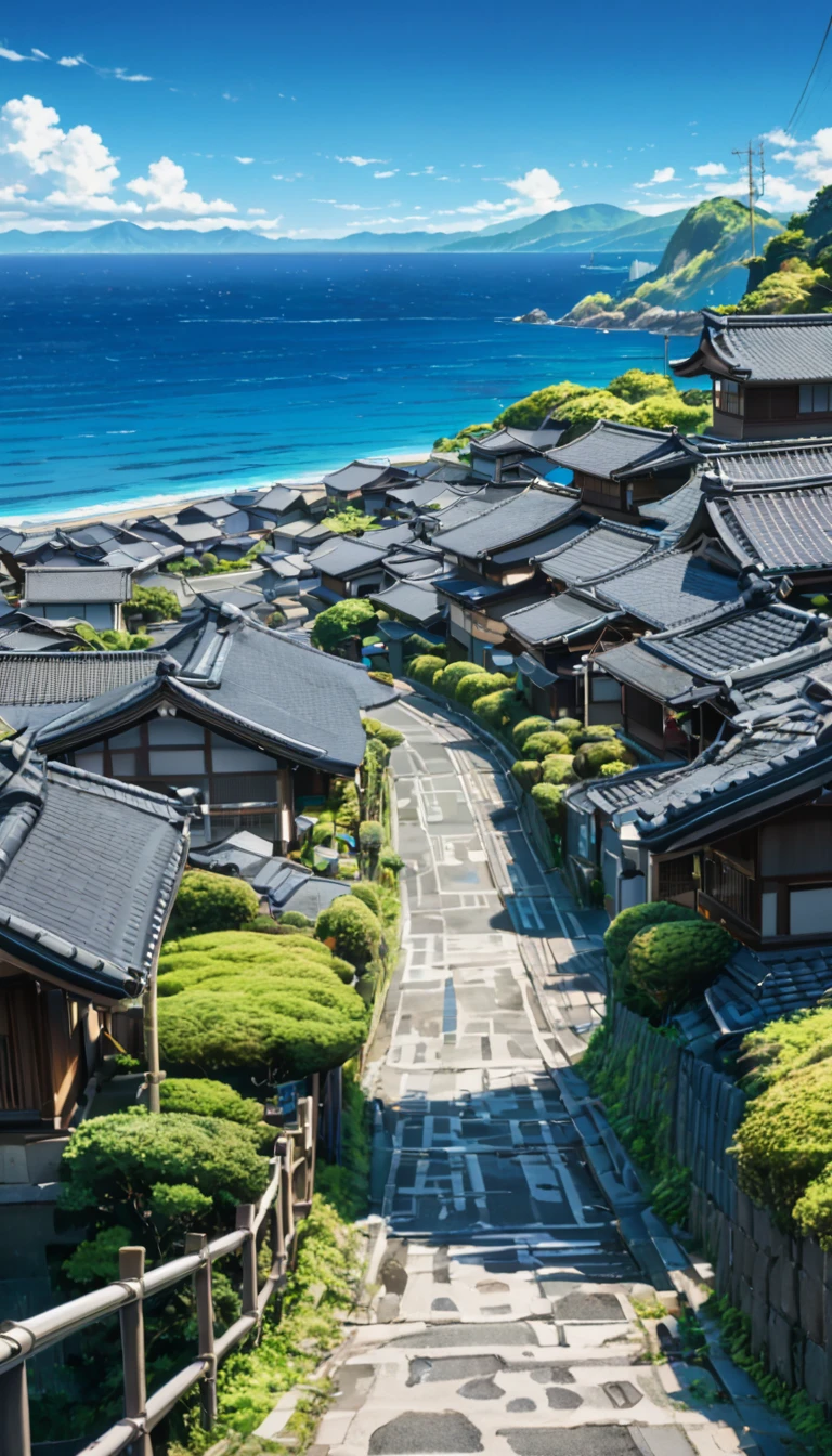 SDXL_2D_Zip, High resolution absurd images、Best quality anime aesthetic images、Image of a Japanese concrete road lined with traditional houses, A view leading to the blue sea