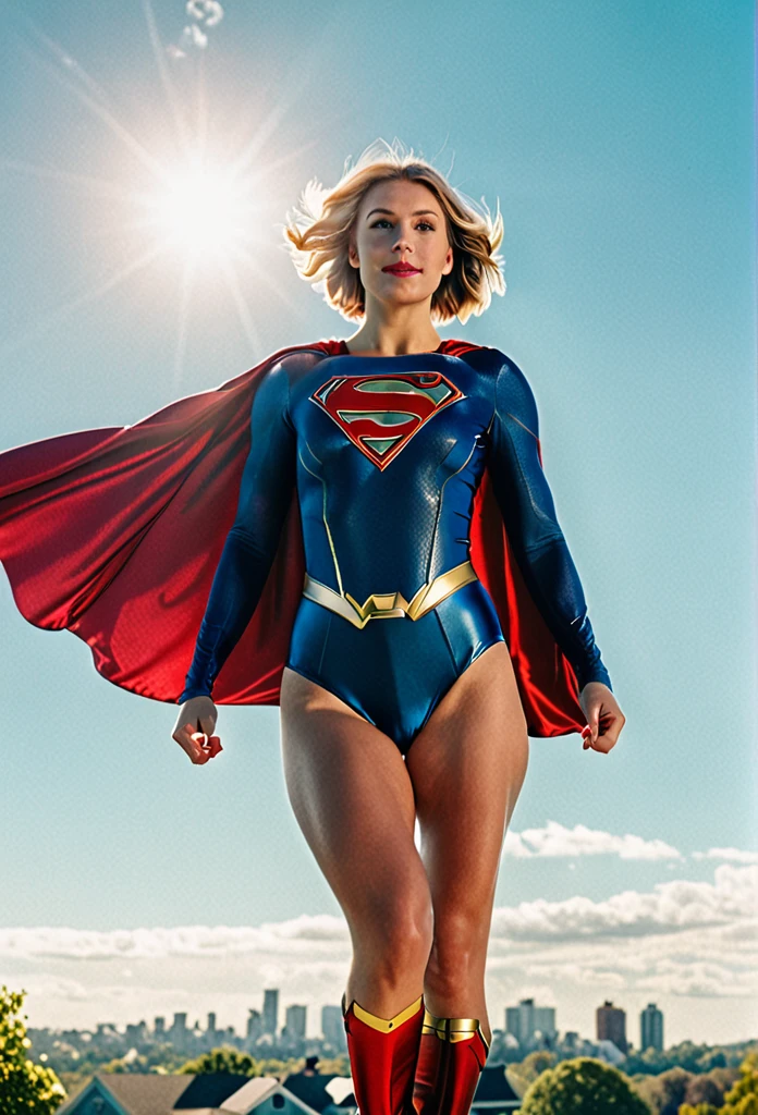 photo of supergirl, short hair, bodysuit, cape, outdoors sunny day, up in the sky, flying towards the camera, background sky, analog style (look at viewer:1.2) (skin texture), Fujifilm XT3, DSLR, 50mm
