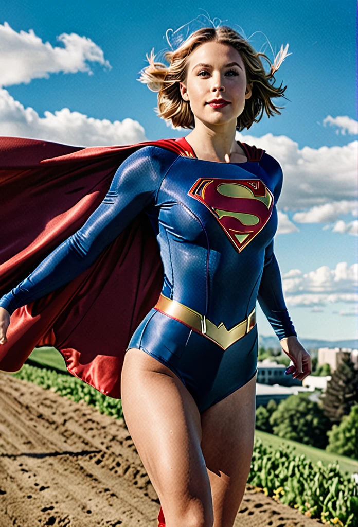 photo of supergirl, short hair, bodysuit, cape, outdoors sunny day, up in the sky, flying towards the camera, background sky, analog style (look at viewer:1.2) (skin texture), Fujifilm XT3, DSLR, 50mm