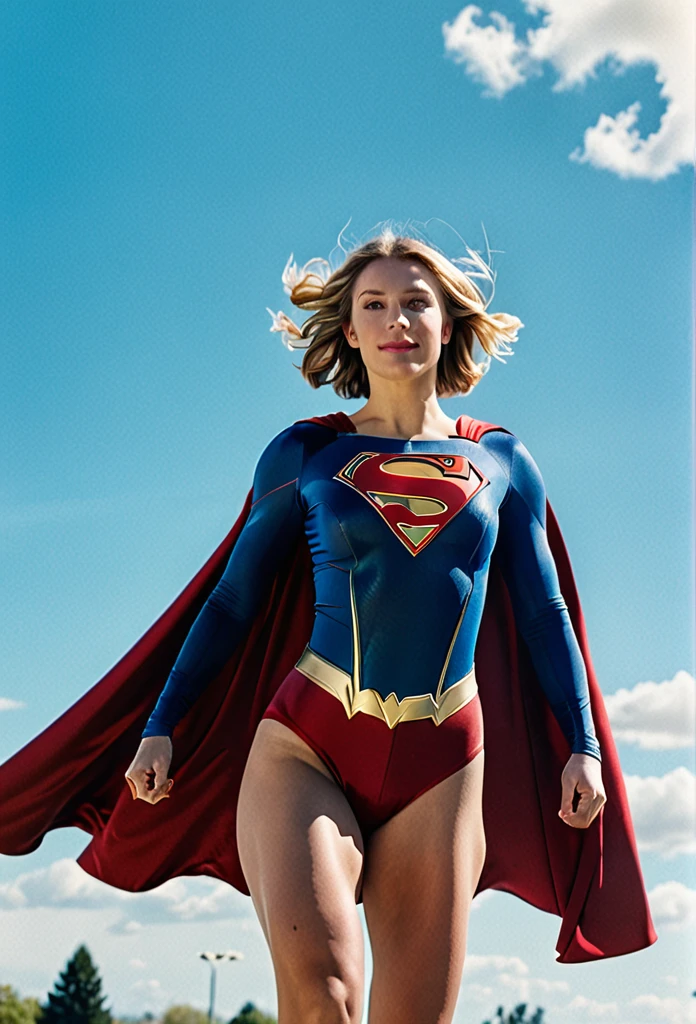 photo of supergirl, short hair, bodysuit, cape, outdoors sunny day, up in the sky, flying towards the camera, background sky, analog style (look at viewer:1.2) (skin texture), Fujifilm XT3, DSLR, 50mm