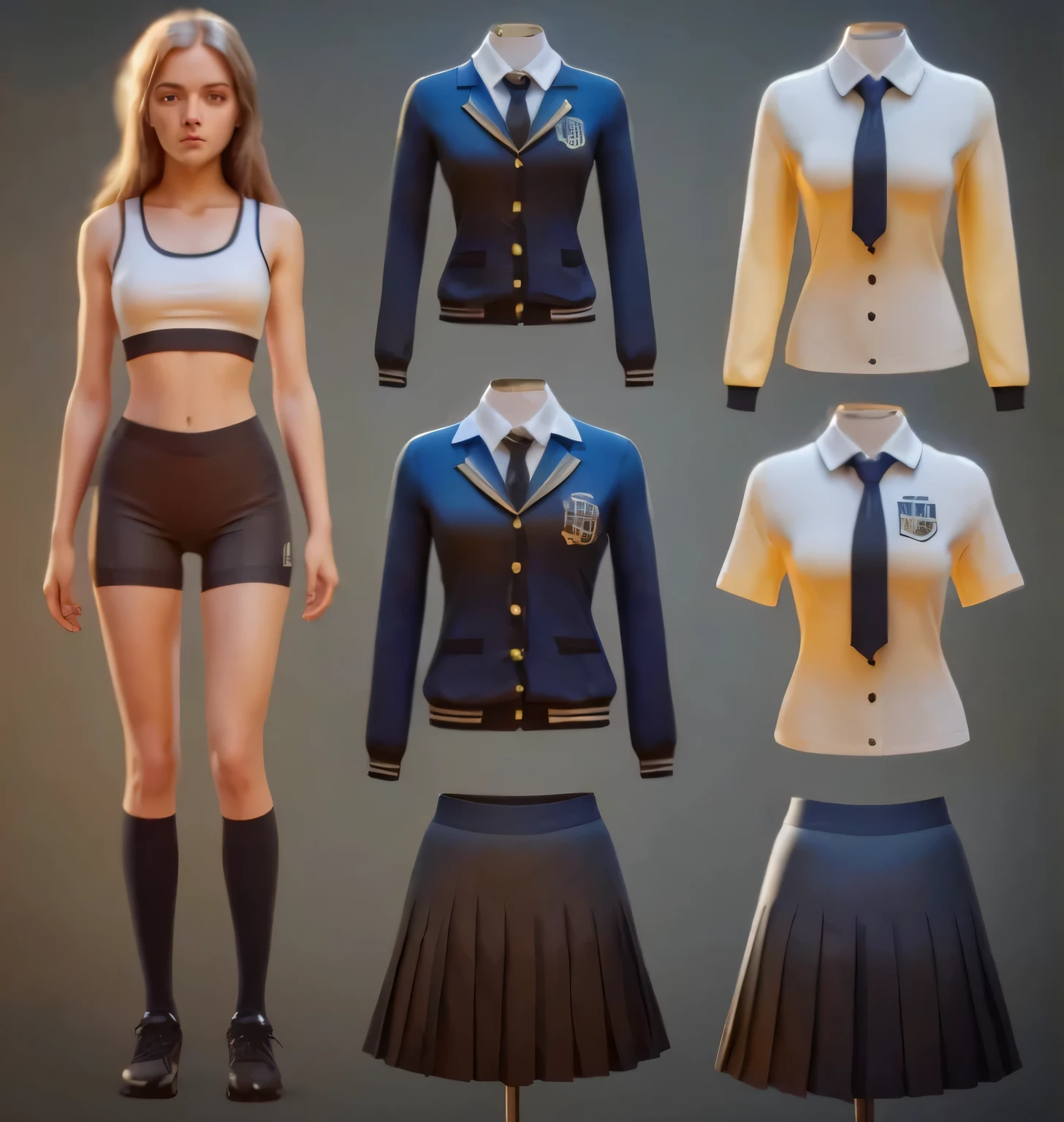 a beautiful young british school girl,1girl, black nike pro spandex shorts, piece of Hogwarts, black nike pro spandex shorts, white dress shirt, grey skirt, black british school jacket, detailed face and eyes,long hair flowing,standing in a pose,cinematic lighting,highly detailed,8k,masterpiece,fantasy art