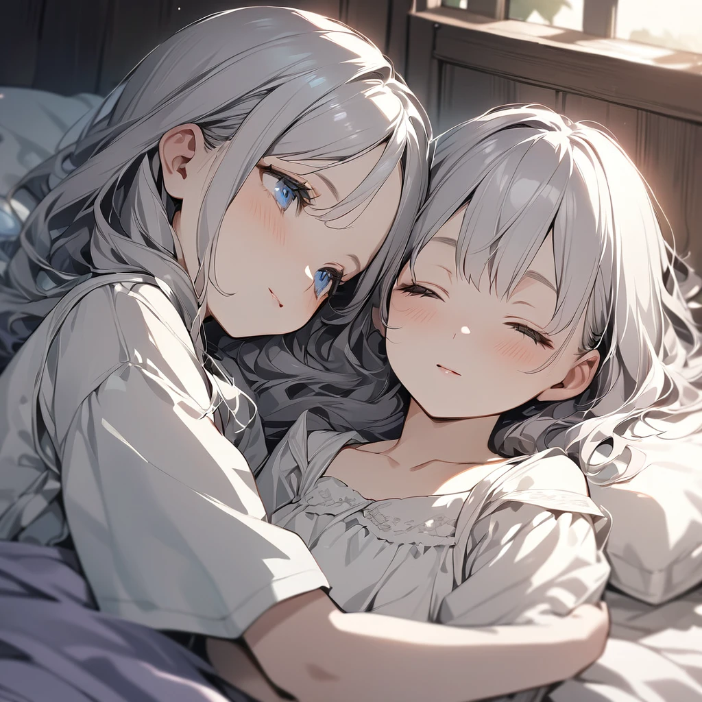 (Cute two girls:1.5),
(masterpiece:1.3), anime visual, (tilt head:1.3), extremely delicate face, realistic lighting and shading, (an extremely delicate and beautiful art:1.3),  (muted colors:1.1), The sisters are sleeping in the same bed, the white-haired and blue eyes older sister is sleeping on her back, the lavender-haired, green-eyed younger sister is smiling with her pillow on her older sister's chest.