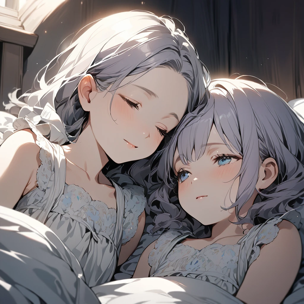 (Cute two girls:1.5),
(masterpiece:1.3), anime visual, (tilt head:1.3), extremely delicate face, realistic lighting and shading, (an extremely delicate and beautiful art:1.3), (muted colors:1.1), The sisters are sleeping in the same bed, the white-haired and blue eyes older sister is sleeping on her back, the lavender-haired, green-eyed younger sister is smiling with her pillow on her older sister's chest.