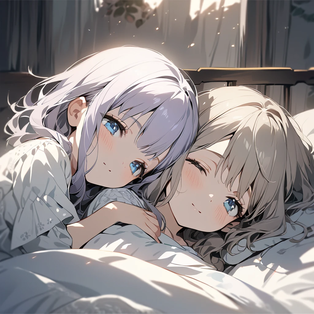(Cute two girls:1.5),
(masterpiece:1.3), anime visual, (tilt head:1.3), extremely delicate face, realistic lighting and shading, (an extremely delicate and beautiful art:1.3),  (muted colors:1.1), The sisters are sleeping in the same bed, the white-haired and blue eyes older sister is sleeping on her back, the lavender-haired, green-eyed younger sister is smiling with her pillow on her older sister's chest.
