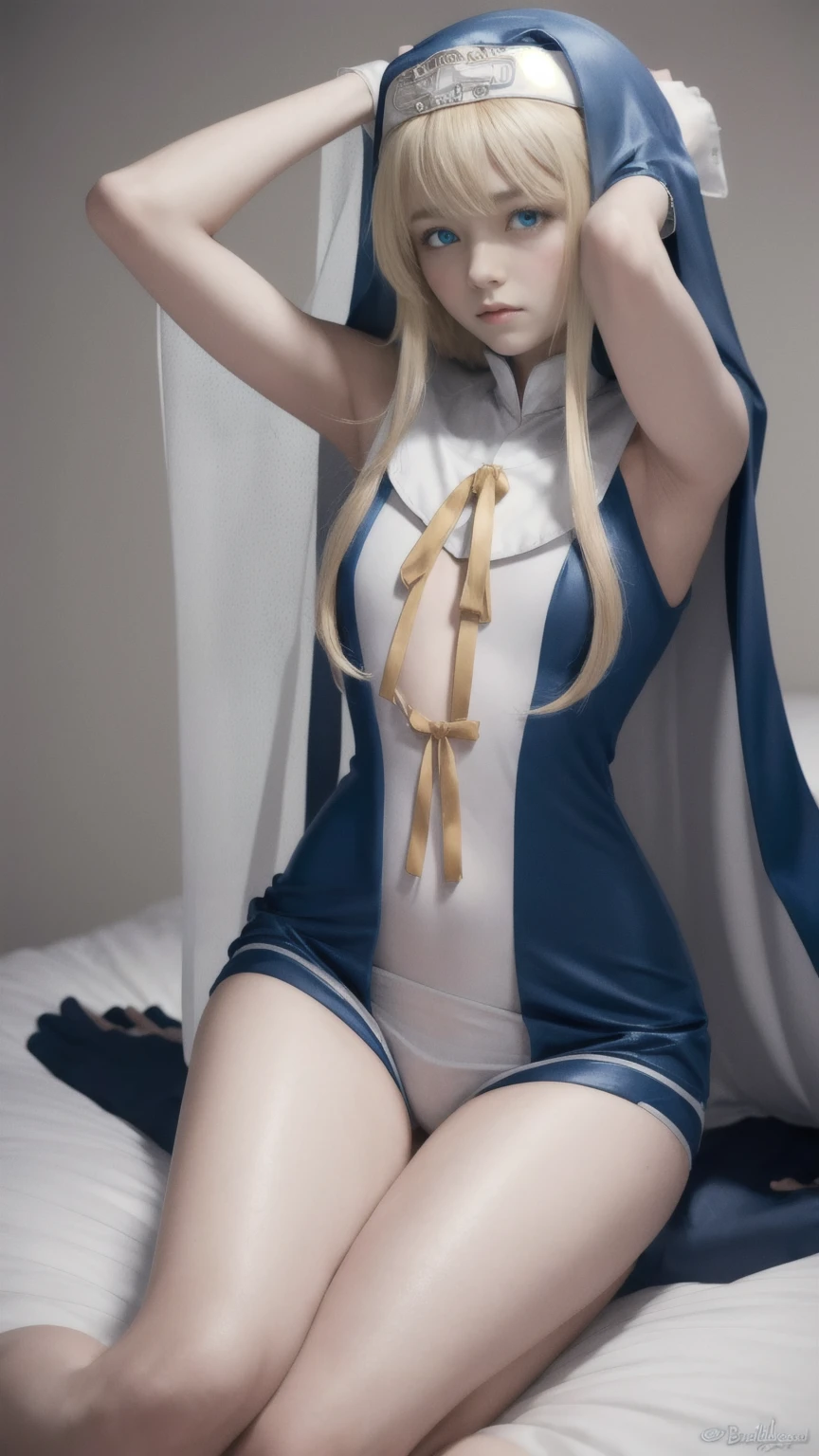 (Delicate and beautiful CG art, 8K, HighDynamicRange, better quality, very detailed, high resolution) (Masterpiece, best quality: 1.2, photorealistic, intricate details, realistic skin, realistic body) 1 boy, Guilty Gear Bridget, blonde hair, blue eyes, blush, male nun appearance, Wearing clothing worn exclusively by Bridget, including a blue nun's veil that reaches his waist, bicycle short shorts, and gloves on his hands. Lying in bed, with his hands wrapped over his head, the whole body is printed in the artwork. His long legs are emphasized, portraying a athletic