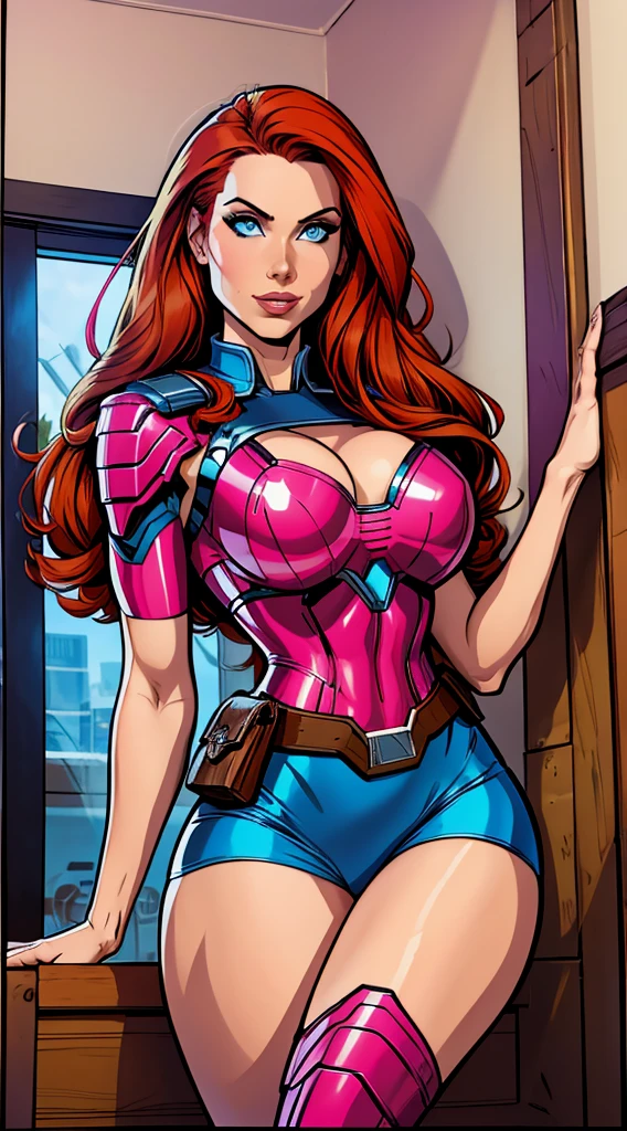 .21 year old woman , long straight red hair, bright and expressive blue eyes, she opted for a pink military outfit. loot, busty. comic style. quadrinhos da marvel. bag packaging