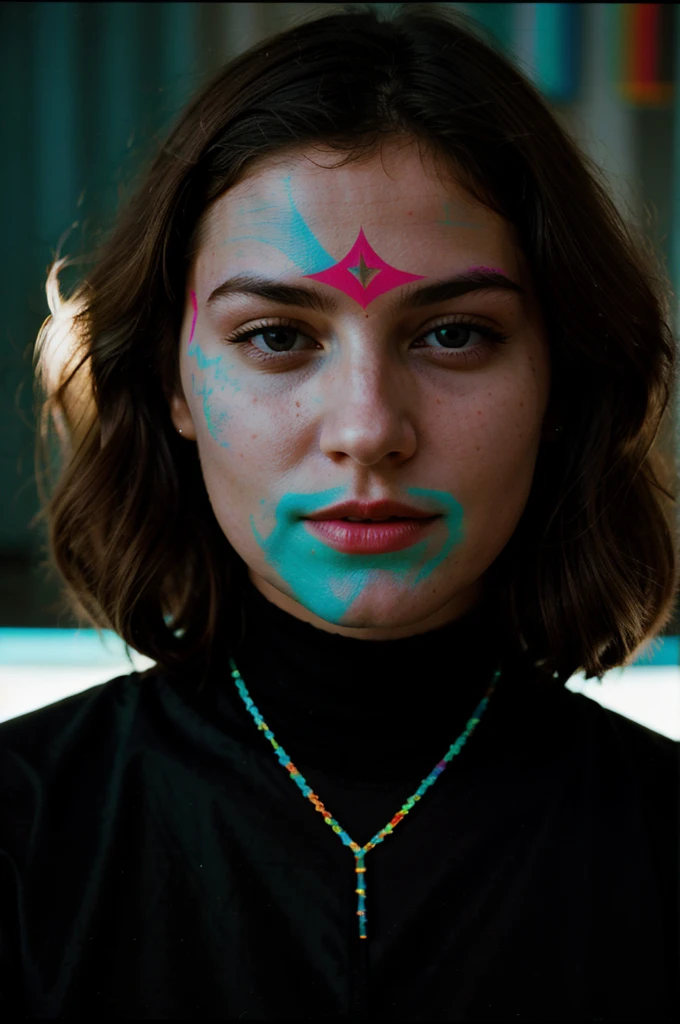 Psychedelic Color slide projected over a [27 yo American woman], [dark Jungian psychological imagery], [key lighting], [f1.8 50mm lens medium format camera], in the style of [Vogue],[post-processing: .25 unsharp mask, S curve, dodge and burn, mid-level contrast, dark edge vignette]