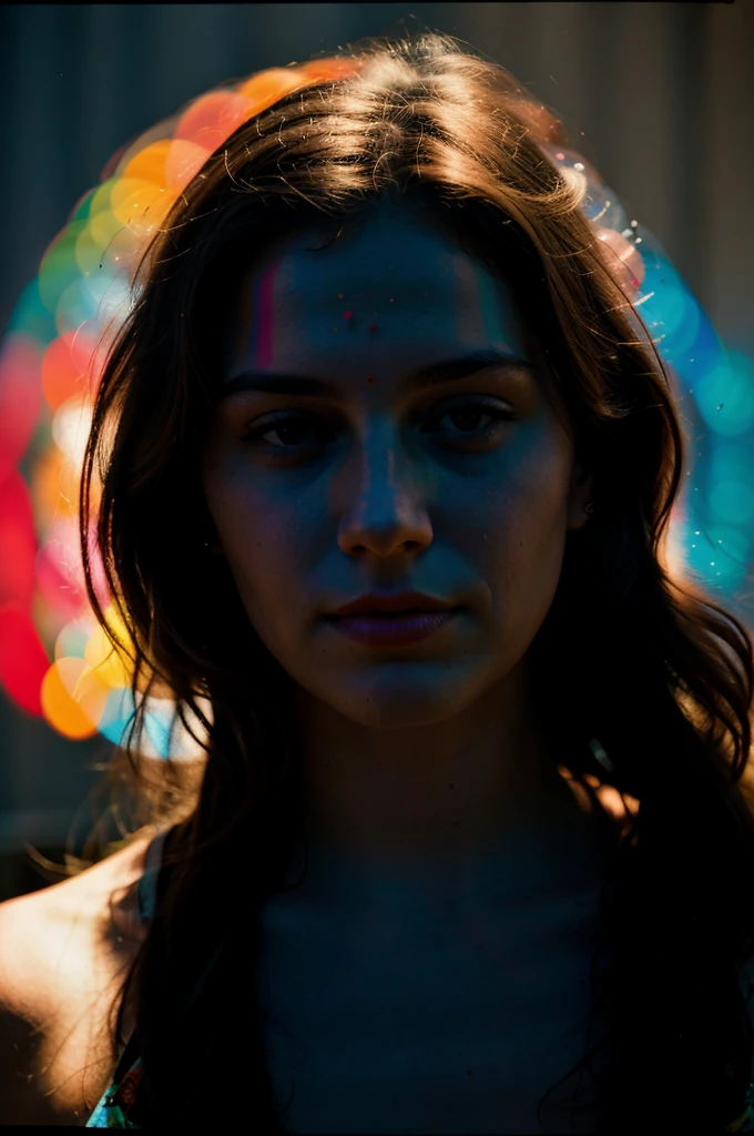 Psychedelic Color slide projected over a [27 yo American woman], [dark Jungian psychological imagery], [key lighting], [f1.8 50mm lens medium format camera], in the style of [Vogue],[post-processing: .25 unsharp mask, S curve, dodge and burn, mid-level contrast, dark edge vignette]
