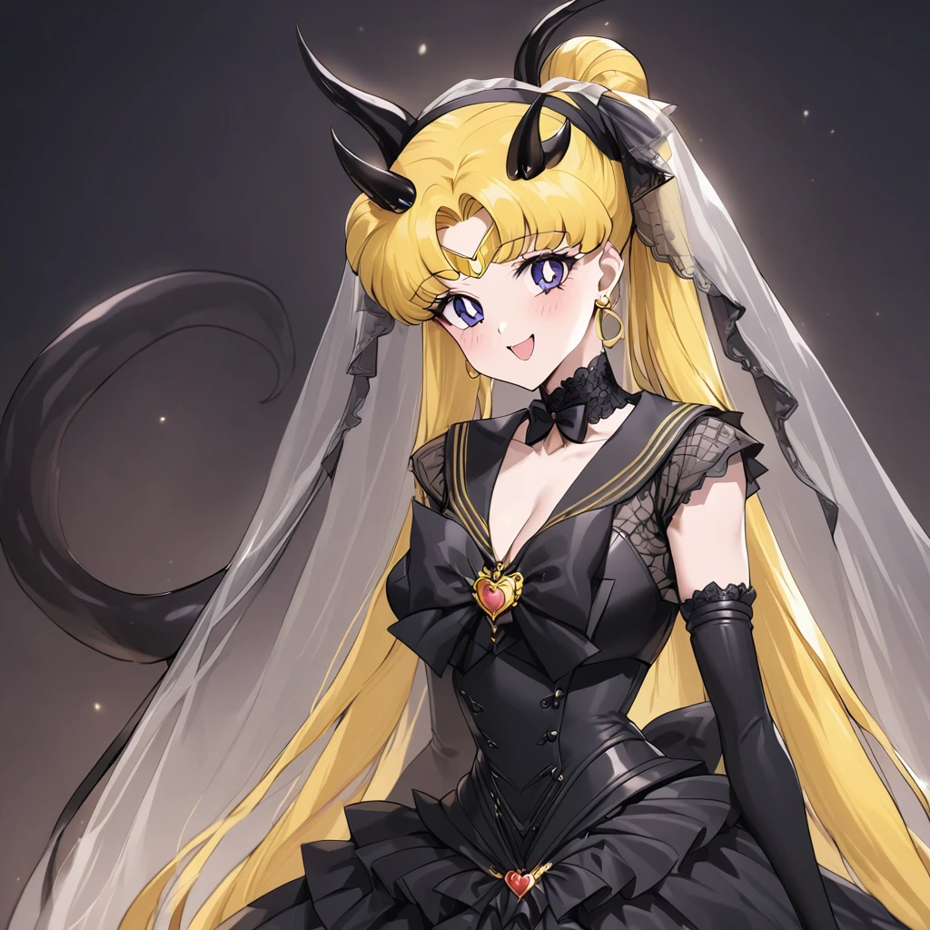 ((Highest quality)), ((masterpiece)), (detailed), （Perfect Face）、Woman is Sailor Moon女は漆黒の肌のセクシーな女悪魔のセーラームーン、The woman is a jet-black demon with magnificent devil horns, jet-black devil wings, and a jet-black tail. Her skin is jet-black, she is wearing a gorgeous black Gothic Victorian wedding dress and a black wedding veil, and she is looking at the camera with a happy expression. She is a jet-black demon named Sailor Moon with blonde hair.２The expression of a girl in love with her long hair tied up、Woman is Sailor Moon