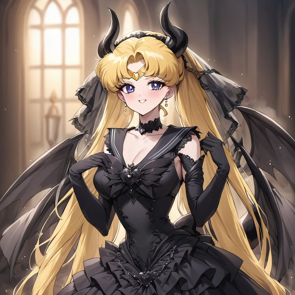 ((Highest quality)), ((masterpiece)), (detailed), (Perfect Face)、Woman is Sailor Moon女は漆黒の肌のセクシーな女悪魔のセーラームーン、The woman is a jet-black demon with magnificent devil horns, jet-black devil wings, and a jet-black tail. Her skin is jet-black, she is wearing a gorgeous black Gothic Victorian wedding dress and a black wedding veil, and she is looking at the camera with a happy expression. She is a jet-black demon named Sailor Moon with blonde hair.2The expression of a girl in love with her long hair tied up、Woman is Sailor Moon