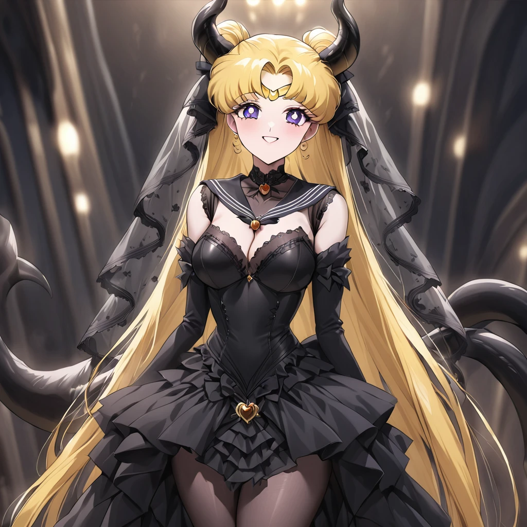 ((Highest quality)), ((masterpiece)), (detailed), （Perfect Face）、Woman is Sailor Moon女は漆黒の肌のセクシーな女悪魔のセーラームーン、The woman is a jet-black demon with magnificent devil horns, jet-black devil wings, and a jet-black tail. Her skin is jet-black, she is wearing a gorgeous black Gothic Victorian wedding dress and a black wedding veil, and she is looking at the camera with a happy expression. She is a jet-black demon named Sailor Moon with blonde hair.２The expression of a girl in love with her long hair tied up、Woman is Sailor Moon