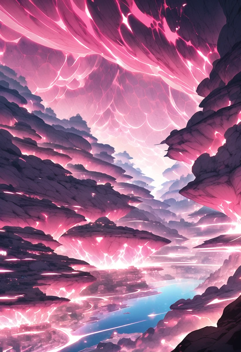 Fighter planes fly over Canyon covered with pink biological cells
