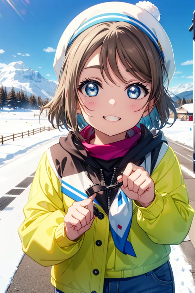 Yo Watanabe, Watanabe Yo, short hair, blue eyes, Brown Hair, smile, Grin,Yellow Wear、Outerwear is blue、Red trousers),Knitted hat,He has goggles on his head,(((Gliding from the summit)))、Ski resort on a sunny day、snow board、(((女の子が坂道をsnow boardで下っている)))(((snow boardを着る)))、whole bodyがイラストに入る,
break ourdoors, Snow Mountain,
break looking at viewer, whole body,
break (masterpiece:1.2), Highest quality, High resolution, unity 8k wallpaper, (figure:0.8), (Beautiful attention to detail:1.6), Highly detailed face, Perfect lighting, Highly detailed CG, (Perfect hands, Perfect Anatomy),