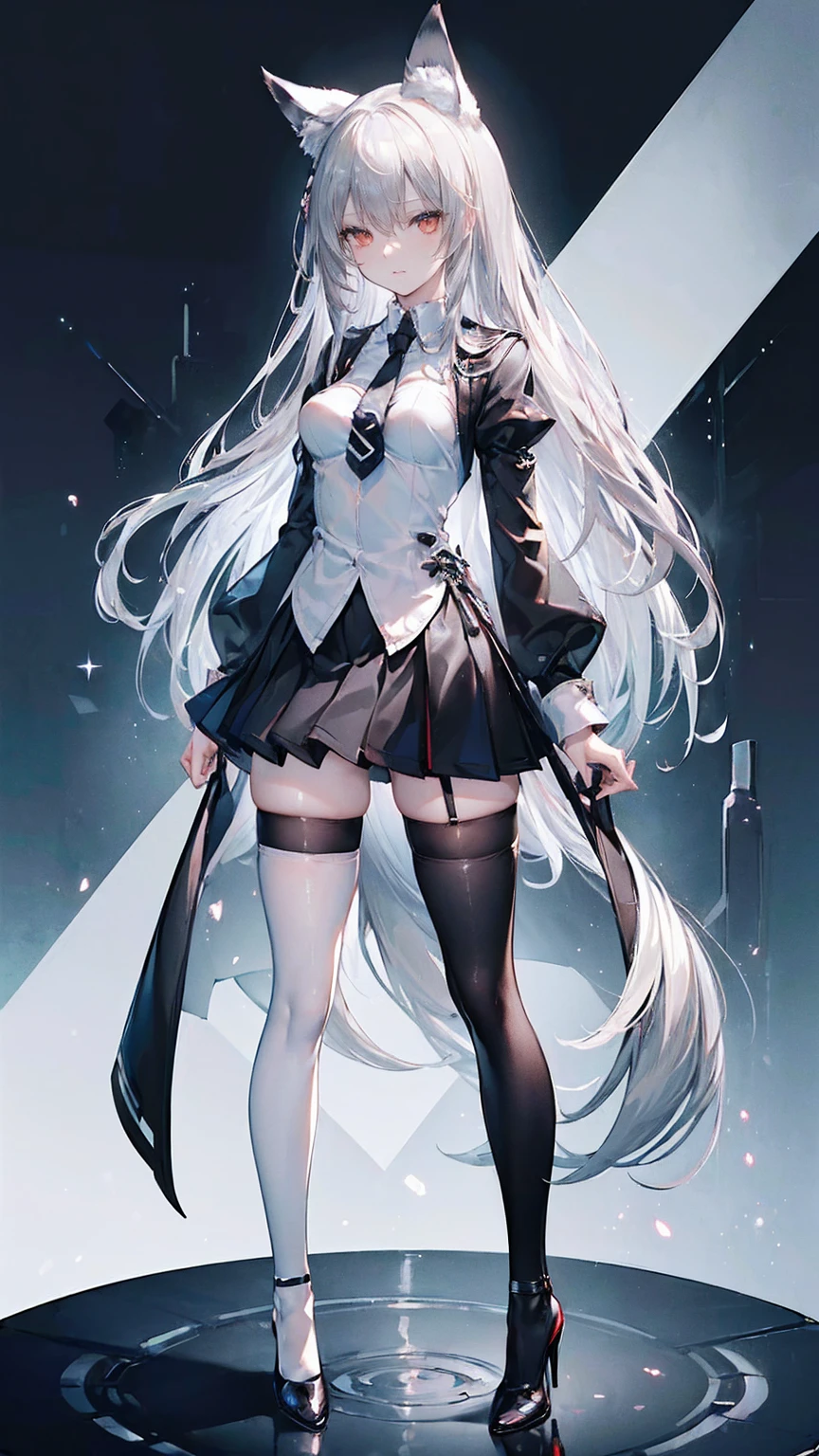 (masterpiece, best quality:1.4), solo focus, (full body:1.2), (medium breasts:1.2), very long hair, (black thighhighs:1.3), (silver hair:1.4), high heels, perfect anatomy, microskirt, fox ears, open shirt,