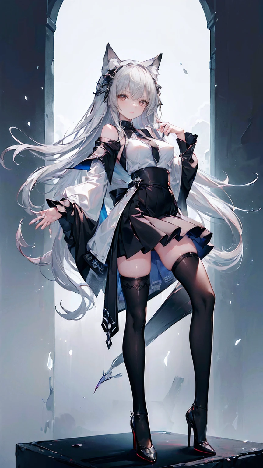 (masterpiece, best quality:1.4), solo focus, (full body:1.2), (medium breasts:1.2), very long hair, (black thighhighs:1.3), (silver hair:1.4), high heels, perfect ???????, microskirt, fox ears, open shirt,