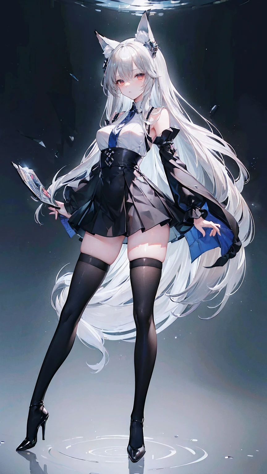 (masterpiece, best quality:1.4), solo focus, (full body:1.2), (medium breasts:1.2), very long hair, (black thighhighs:1.3), (silver hair:1.4), high heels, perfect anatomy, microskirt, fox ears, open shirt,