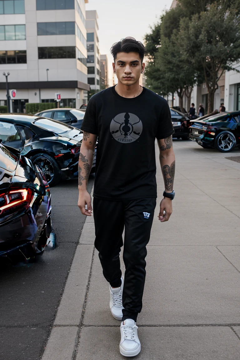 a young man is standing on a sidewalk, his gaze directed towards the camera. He's dressed in a black t-shirt and black pants, with white sneakers adorning his feet. His left arm is adorned with a tattoo, adding a touch of personal style to his appearance.
Beside him, a black Lamborghini sports car is parked. The car is sleek and shiny, its black color contrasting with the vibrant