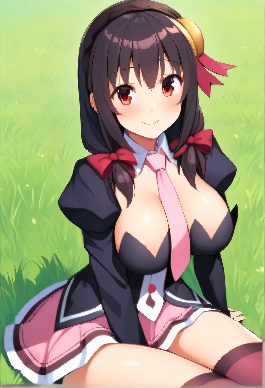alone, One girl, The best smile, View your viewers, Crown Blade, hair ornaments, Hair Ribbon, Pink tie, Black long sleeve, Pink Skirt, Knee socks, Cleavage, grassland、Black Hair、Red Eyes、(blush)、sit