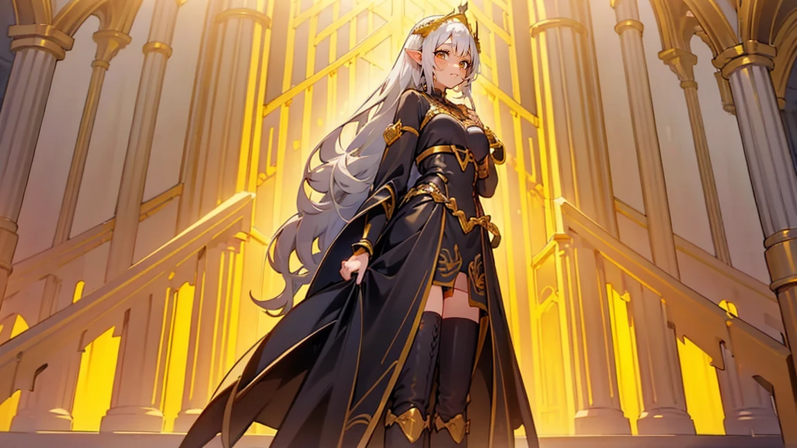 1 girl,20 years, Portrait of a girl, face accent, One,happy face,black and gold long dress,middle ,White hair,long hair,yellow eyes,Elf Ears, black small horns,white tights,Detailed long boots,golden tiara,Luxurious gold jewelry,(((standing on the porch of the castle)))