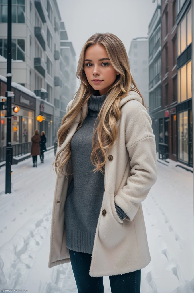 professional portrait photograph of a gorgeous Norwegian girl in winter clothing with long wavy blonde hair, sultry flirty look, gorgeous symmetrical face, cute natural makeup, wearing elegant warm winter fashion clothing, ((standing outside in snowy city street)), stunning modern urban environment, ultra realistic, concept art, elegant, highly detailed, intricate, sharp focus, depth of field, f/1. 8, 85mm, medium shot, mid shot, (((professionally color graded))), bright soft diffused light, (volumetric fog), trending on instagram, hdr 4k, 8k