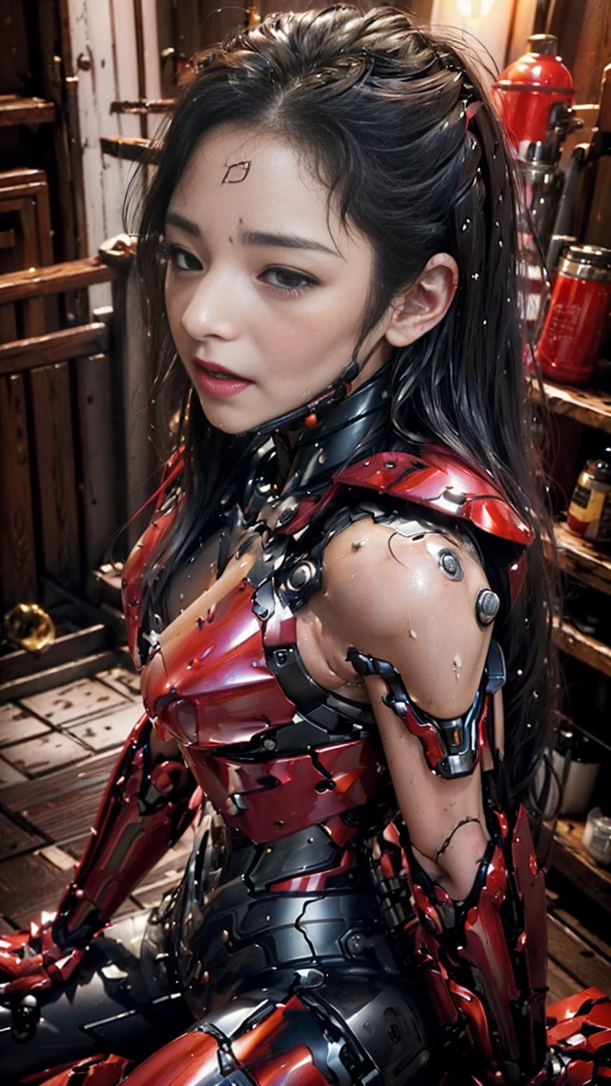 Rough skin, Very detailed, Advanced Details, high quality, 最high quality, High resolution, 1080P 、、Red Armor、Wearing red and black、cute((During a break))(破損したwoman用ロボットスーツを着用...)(Red Armor)(Broken Armor)Black Hair、、Soaking wet、Soaked Face　　Beautiful Face、Hot look　knock down、よだれing from the mouth、woman　(Steam coming out of the face) ((Steam from the body)) 　Filming location　I can see the vagina　Release Schedule　look up　Remove headgear　