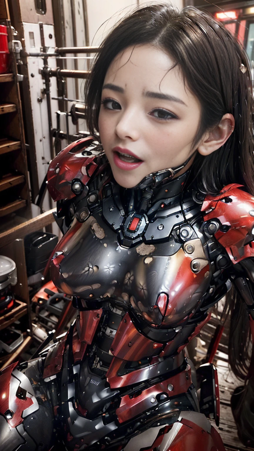 Rough skin, Very detailed, Advanced Details, high quality, 最high quality, High resolution, 1080P 、、Red Armor、Wearing red and black、cute((During a break))(破損したwoman用ロボットスーツを着用...)(Red Armor)(Broken Armor)Black Hair、、Soaking wet、Soaked Face　　Beautiful Face、Hot look　knock down、よだれing from the mouth、woman　(Steam coming out of the face) ((Steam from the body)) 　Filming location　I can see the vagina　Release Schedule　look up　Remove headgear　