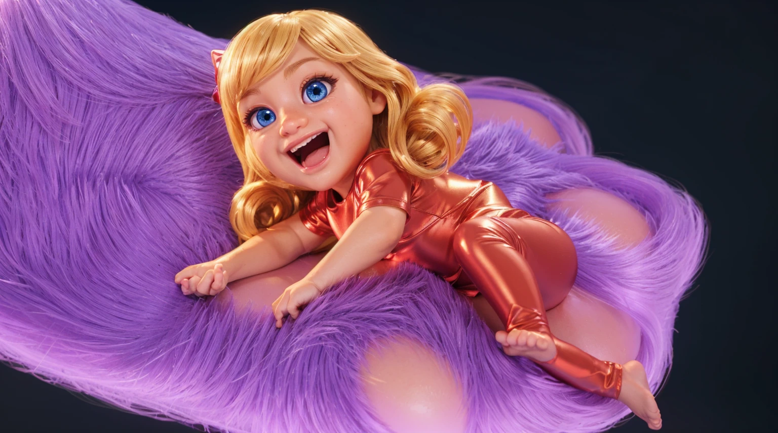 The image displays an animated girl with blonde hair, blue eyes, and a bright smile, wearing a red bodysuit and lying on a purple super fluffy cat`s paw, smooth 3d model, glossy plastic texture, multiple light sources, rim light, sharp post effects render, most beautiful vfx, , realistic, 4k, high resolution, rim light, smooth 3d model. , glossy texture, smooth 3d model, multiple light sources, rim light, sharp post effects render, (glossy plastic texture with multiple big light probe refractions), perfect cgi, reflective, best quality, 4k, masterpiece:1.2, ultra-detailed, realistic, vivid colors, The image of the highest quality, ensuring every detail showcased perfectly. It in 4k resolution, allowing viewers to immerse themselves in the richness of the colors and intricate details. The realistic rendering. under the spotlight, reflecting, high-resolution image, realistic rendering
