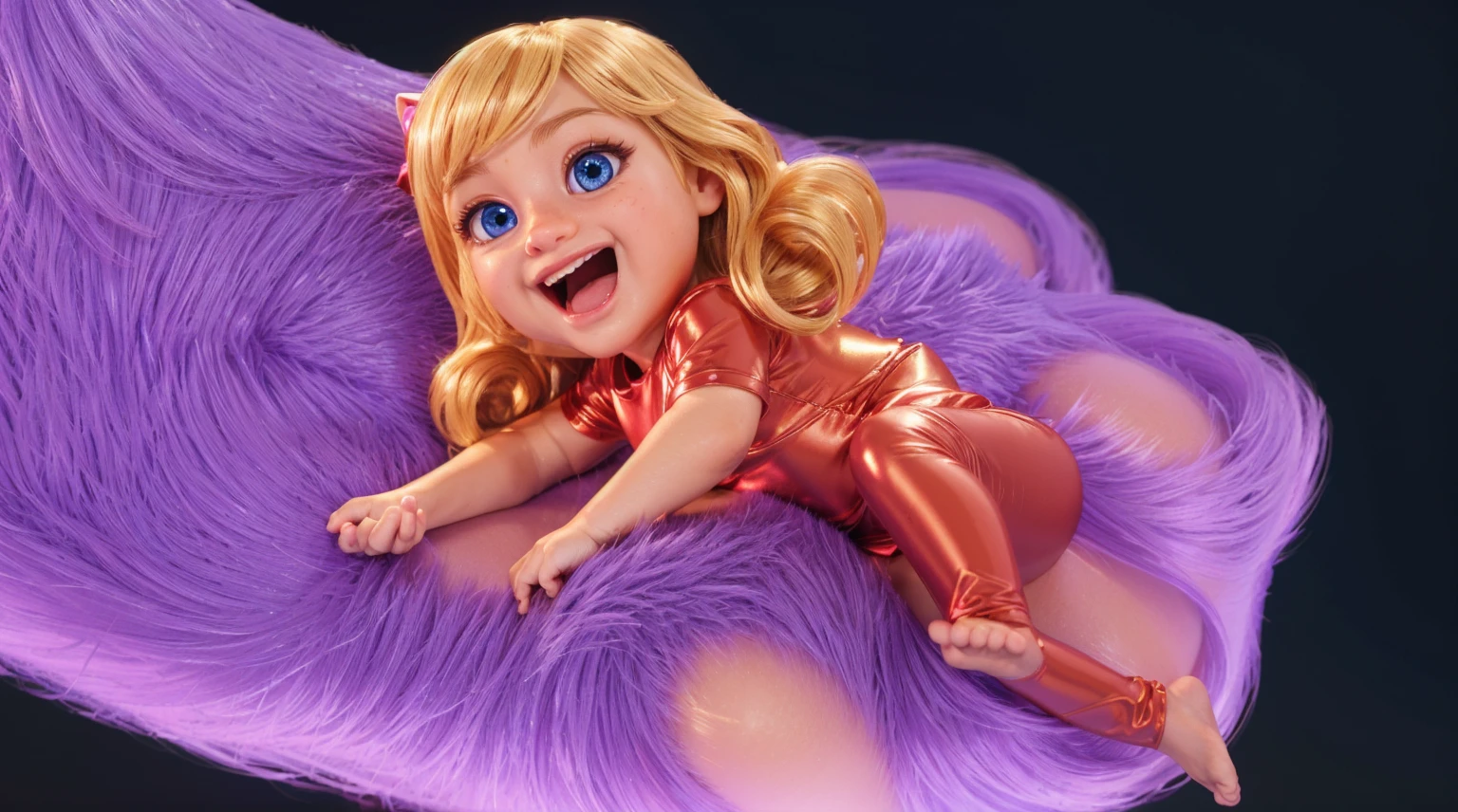 The image displays an animated girl with blonde hair, blue eyes, and a bright smile, wearing a red bodysuit and lying on a purple super fluffy cat`s paw, smooth 3d model, glossy plastic texture, multiple light sources, rim light, sharp post effects render, most beautiful vfx, , realistic, 4k, high resolution, rim light, smooth 3d model. , glossy texture, smooth 3d model, multiple light sources, rim light, sharp post effects render, (glossy plastic texture with multiple big light probe refractions), perfect cgi, reflective, best quality, 4k, masterpiece:1.2, ultra-detailed, realistic, vivid colors, The image of the highest quality, ensuring every detail showcased perfectly. It in 4k resolution, allowing viewers to immerse themselves in the richness of the colors and intricate details. The realistic rendering. under the spotlight, reflecting, high-resolution image, realistic rendering