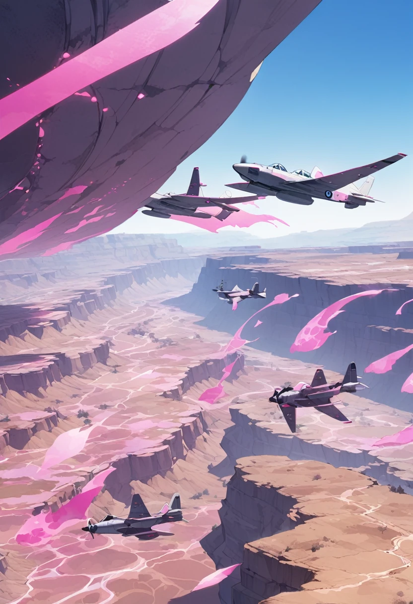 Fighter planes fly over Canyon covered with pink biological cells