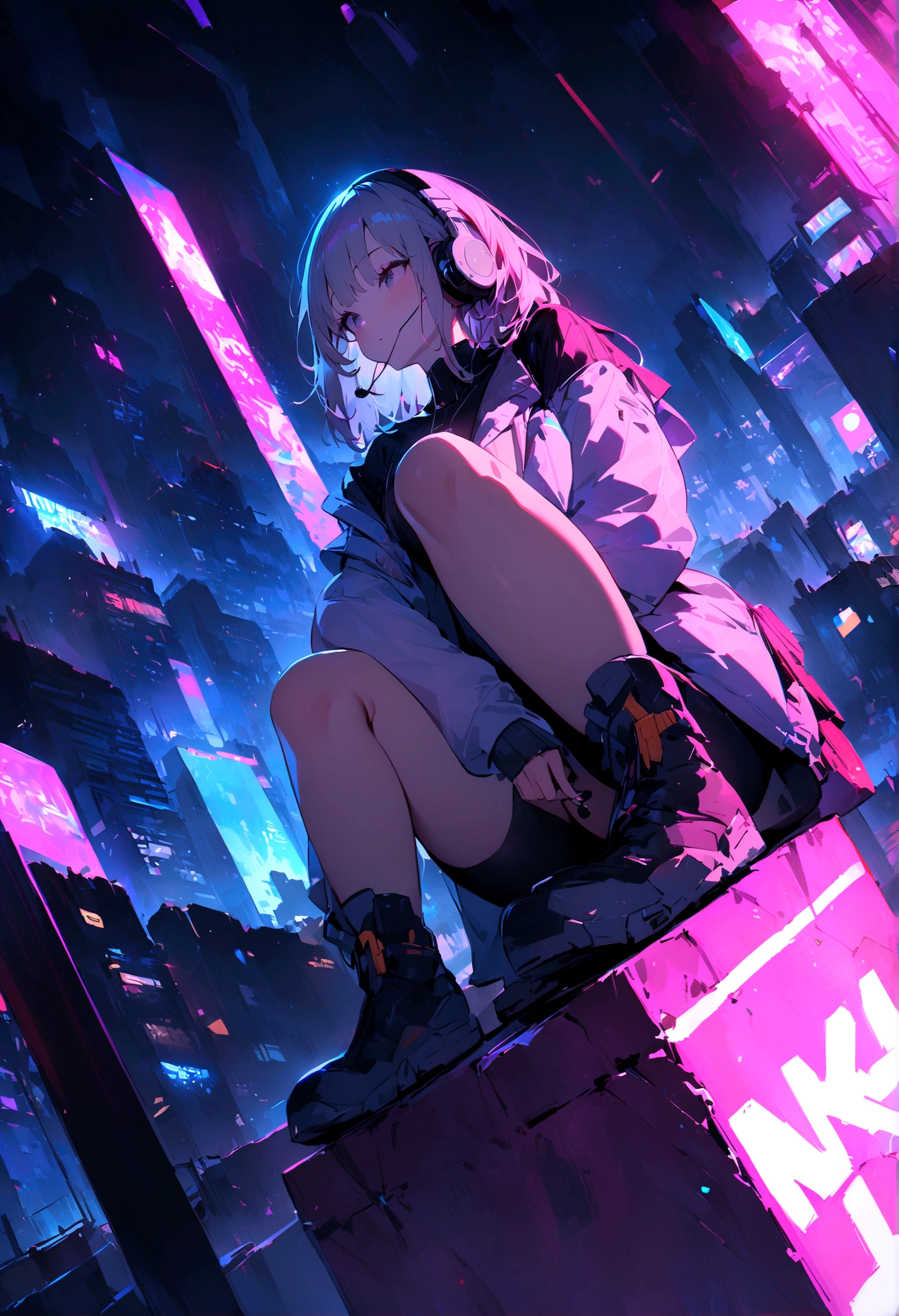 best quality、masterpiece、night、earphone、Cyberpunk、Network City、Sitting on high ground、Long Shot、Wide-angle lens、A girl