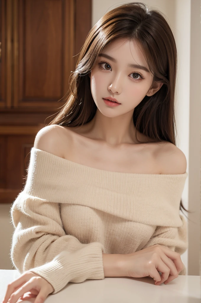 (Brown hair,Larger breasts)Off-shoulder tops,masterpiece,Delicate face,Double eyelids