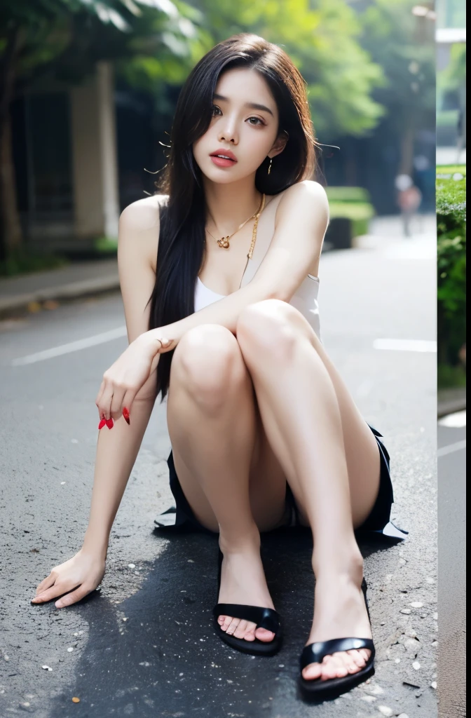 (masterpiece:1.3), (8 thousand, realistic, RAW photos, best quality: 1.4), (1 woman),(short skirt), (shirt), (suit), (양쪽 다리에 짙은색 realistic 팬티 스타킹), (Wearing high heels on both feet), (full body shot), (outdoors in sunny weather), (walking like a model), (Beautiful makeover), (very beautiful body) , (Realistic and very beautiful face), (long eyelashes), (double eyelid), (Very beautiful eyes, realistic and delicate), (big bust) , (Strong body through exercise), (beautiful abs), (Beautiful heaps), (tall), (black hair. parted, long hair:1.3), (아름다운 parted스타일), (realistic and beautiful skin), (absurd), (attractive), (ultra high resolution), (extremely realistic), (very detailed), (golden ratio), (Two long, realistic and beautiful legs), (realistic 팔), (necklace), (earring),(beautiful nails manicure), (So beautiful and sexy), (perfect secretary look)