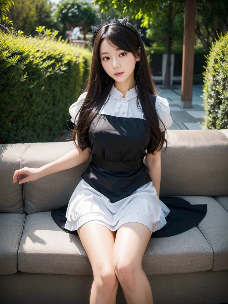 Black maid outfit、(Highest quality)、((Very detailed))、4K、(8K)、masterpiece、Very detailedな、Highest quality、Super Resolution、1 person、Kind Face、Soft Light、RAW quality、Soft Skin、163cm、Garden Terrace、Thighs、White Room