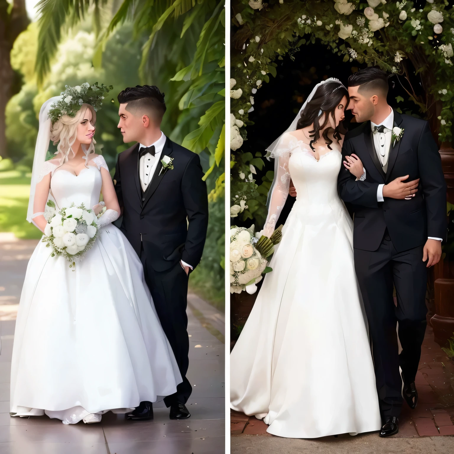 a couple oF people Wearing a wedding dress standing next to each other, Bride and groom, Jacqueline, Look at the details, 💣 💥, perFect detail, 🤬 🤮 💕 🎀, 💣 💥💣 💥, Dramatic details, 😭🤮 💔, Wearing a wedding dress, author:Bernie D'Andrea, F / 3 2, Clarity、Smooth、Clean lines