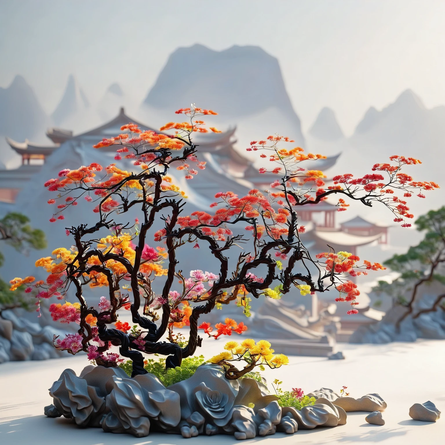 (White background), (The art of math,ink:1.2), (Oriental elements, Chinese colors, Advanced color matching), (3D Sculpture,Octane Rendering,Volumetric Light,自然柔和的light), (Ultra-delicate:1.2, Loss of focus:1.2, colorful, light, Chiaroscuro,Ray Tracing), Mountain, river, Tree, Chinese Architecture ,flower